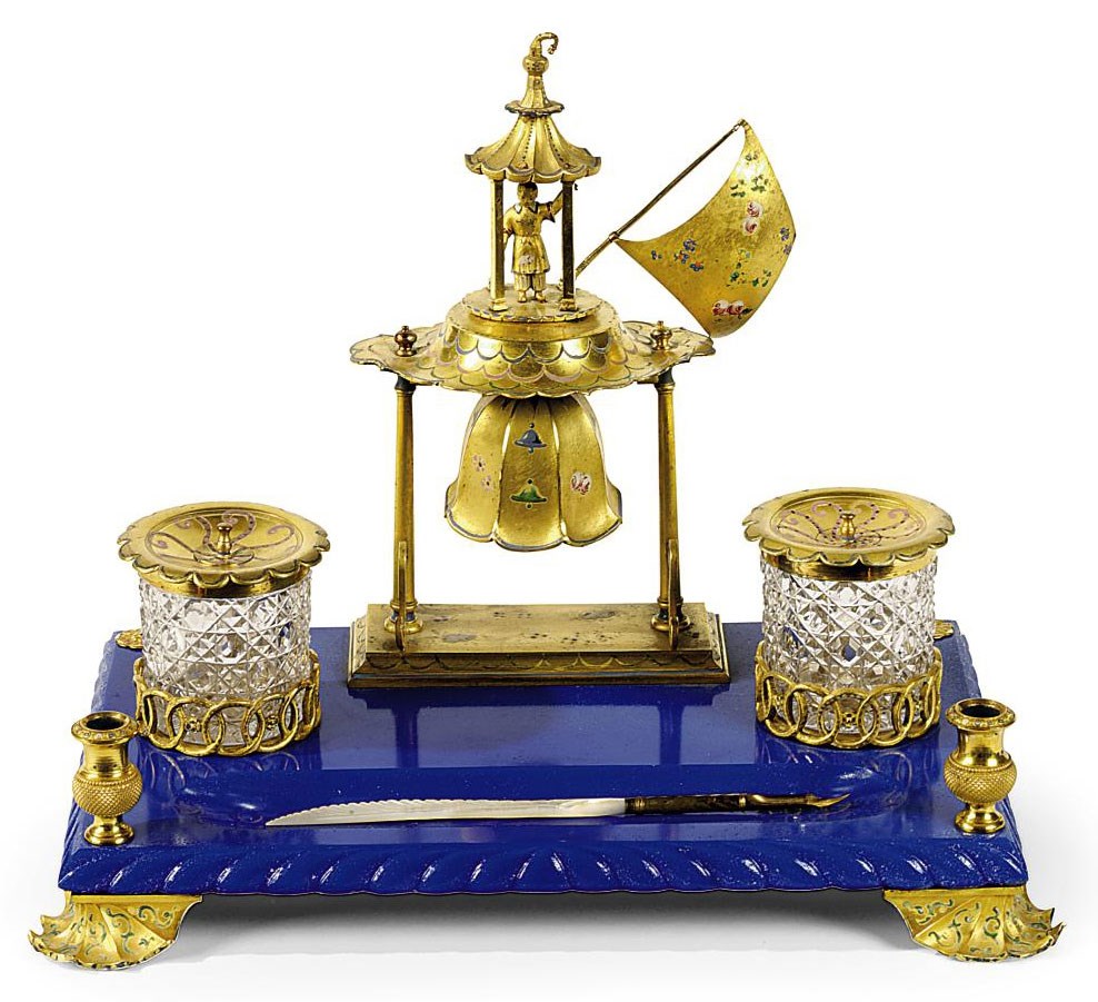 A FRENCH EMPIRE POLYCHROME-DECORATED ORMOLU AND BLUE-GLASS ENCRIER