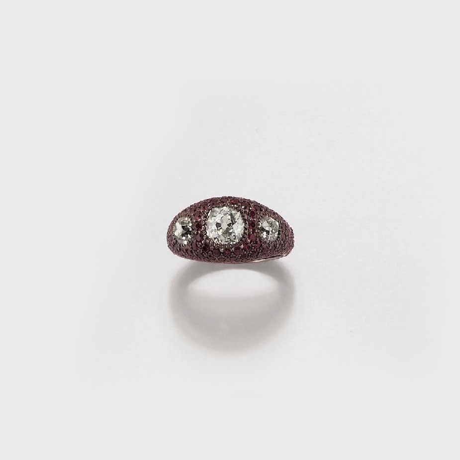 ANELLO IN BRILLANTI E RUBINI, FIRMATO MDV PER MICHELE DELLA VALLE