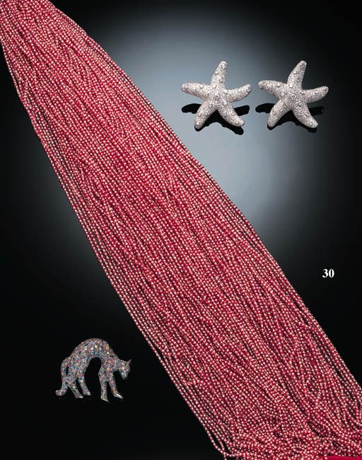 A RED SPINEL AND SEED PEARL BIB NECKLACE