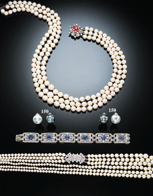 TWO PAIRS OF DIAMOND, TAHITIAN BLACK AND SOUTH SEA WHITE CULTURED PEARL EARCLIPS
