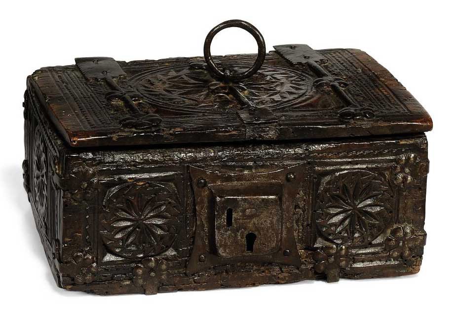A FRENCH WALNUT AND IRON MOUNTED CASKET