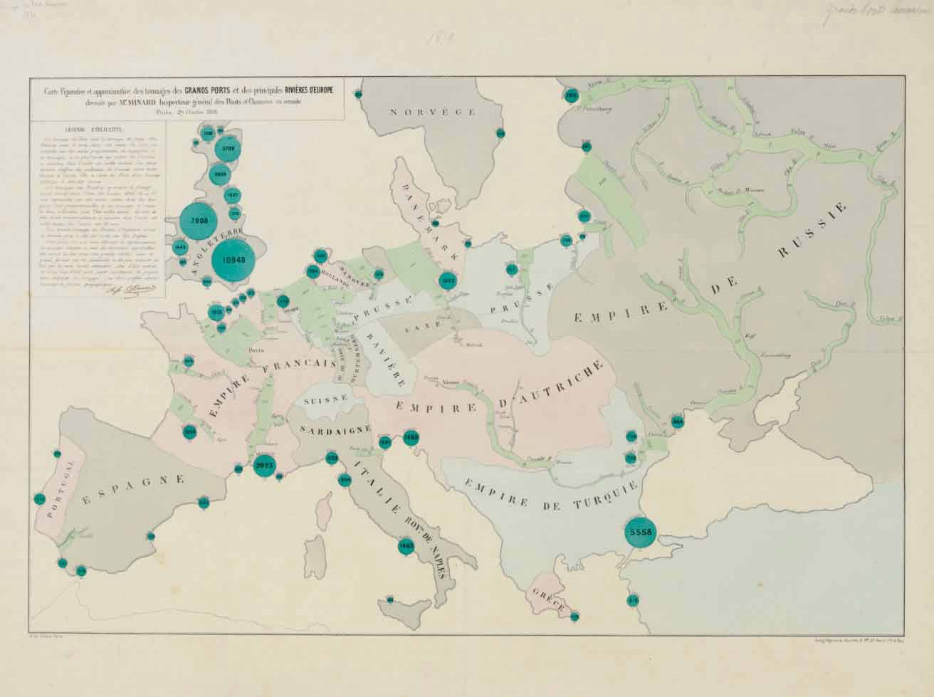 MINARD, Charles Joseph. "Carte Figurative et approximative des tonnages des Grand Ports et des principales Rivières d'Europe." Paris, 27 October 1859. Lithograph by Gratia. 543 x 858 mm. Signed in ink by Minard.