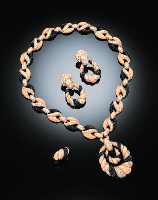 AN IMPRESSIVE DIAMOND, PINK CORAL AND BLACK ONYX PARURE, BY BOUCHERON