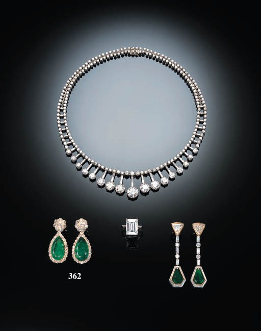 A PAIR OF EMERALD AND DIAMOND EAR-PENDANTS