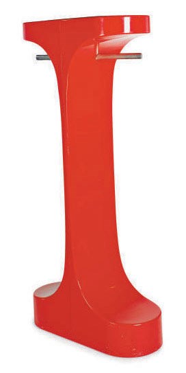 A FRENCH RED ACRYLIC AND CHROMED-METAL CLOTHING RACK,