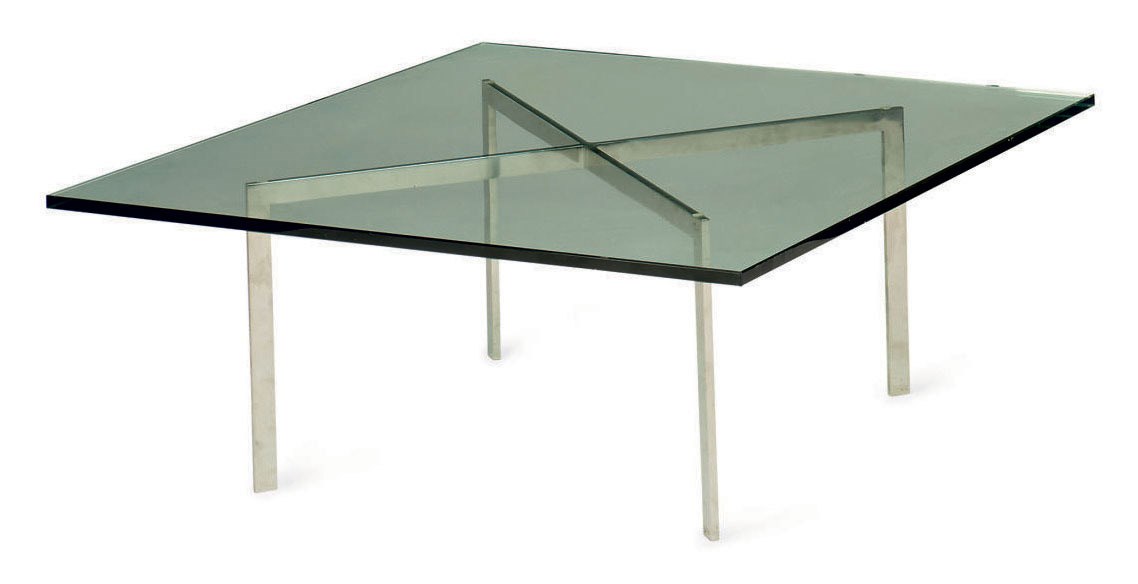 A CHROMED-STEEL AND GLASS 'BARCELONA' LOW TABLE,