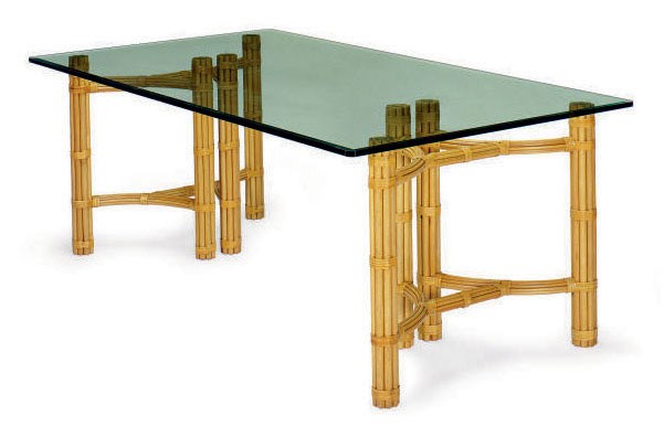 A GLASS, BAMBOO AND LEATHER DINING TABLE,