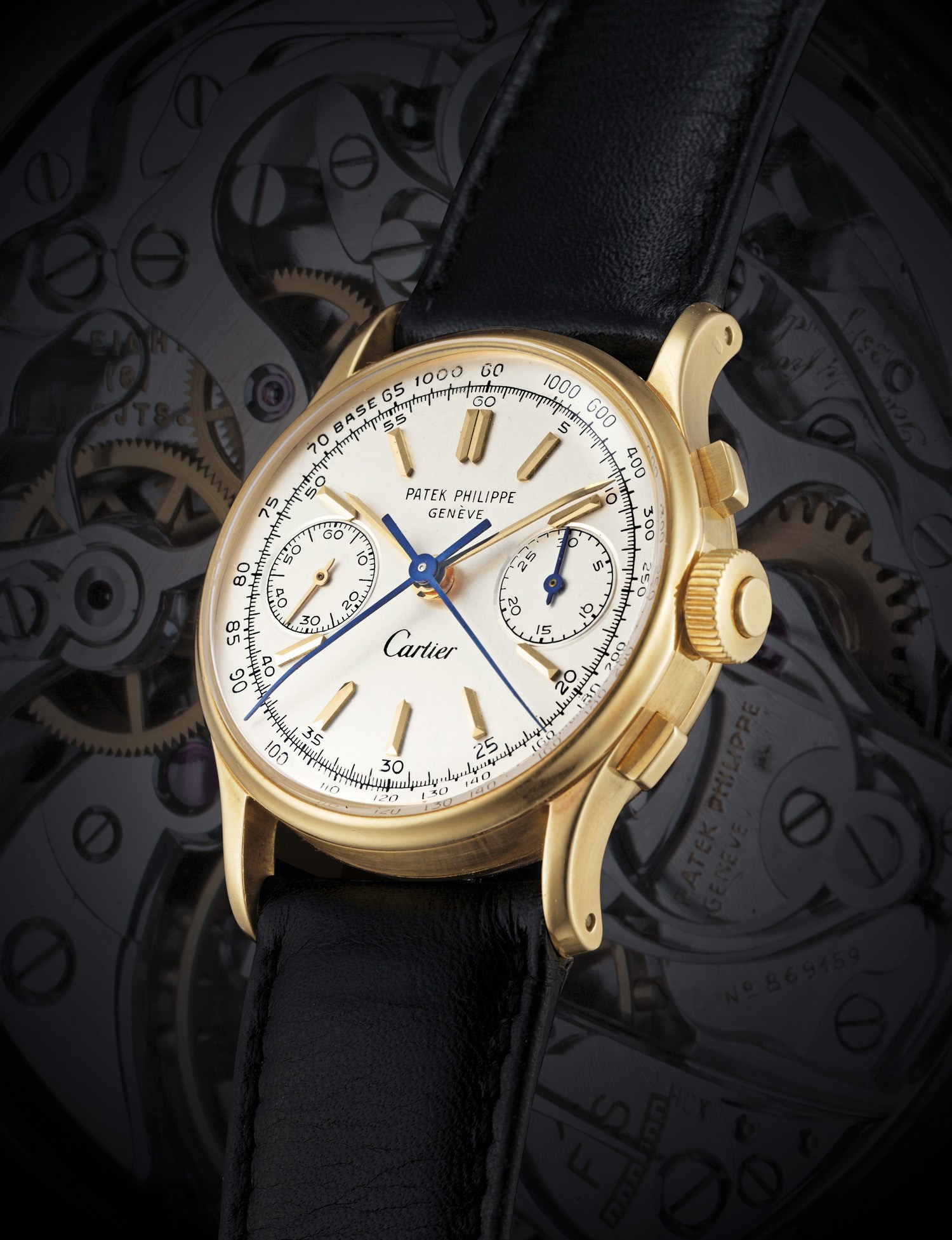 PATEK PHILIPPE, REF. 1436

VERY RARE YELLOW GOLD MANUALLY-WOUND SPLIT SECONDS CHRONOGRAPH WRISTWATCH RETAILED BY CARTIER AND ACCOMPANIED BY CARTIER CERTIFICATE OF AUTHENTICITY