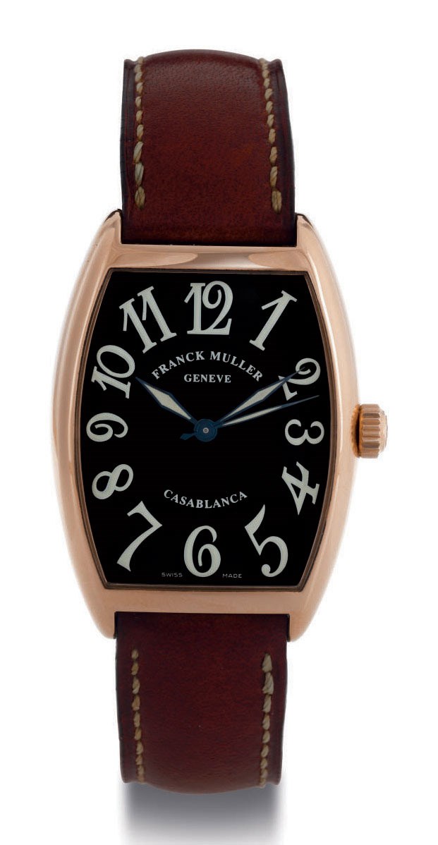 FRANCK MULLER. AN 18K PINK GOLD TONNEAU AUTOMATIC WRISTWATCH WITH CENTER SECONDS