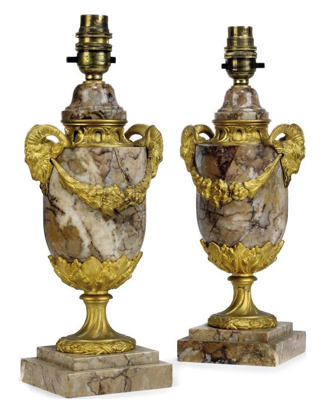A PAIR OF ITALIAN GILT-METAL-MOUNTED MARBLE URN LAMPS