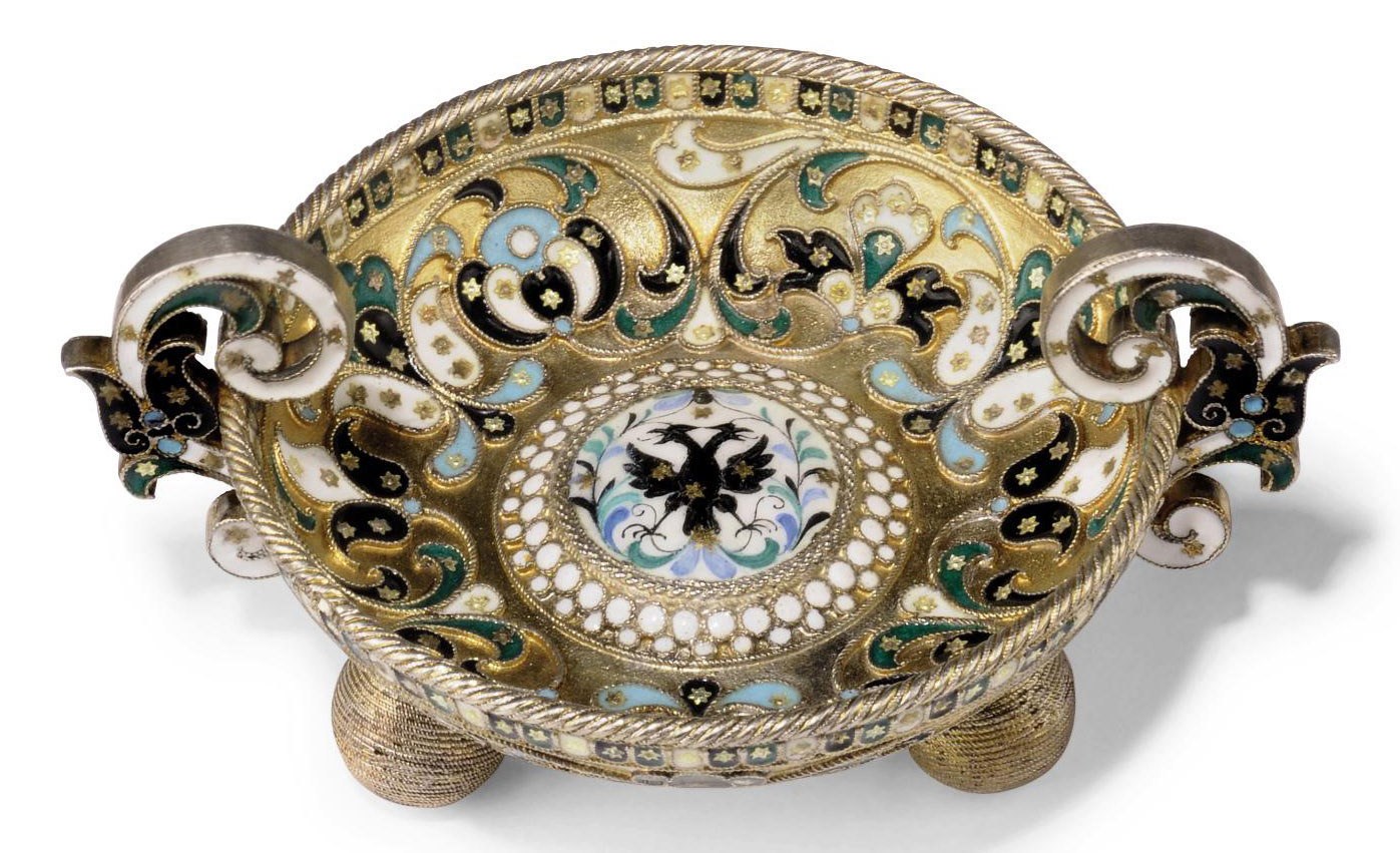 A RUSSIAN SILVER-GILT AND CLOISONNE ENAMEL TWO-HANDLED DISH