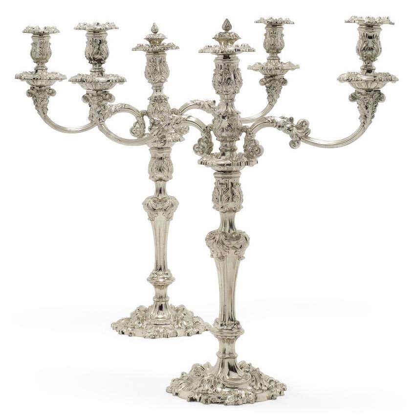 A PAIR OF GEORGE IV SILVER THREE-LIGHT CANDELABRA