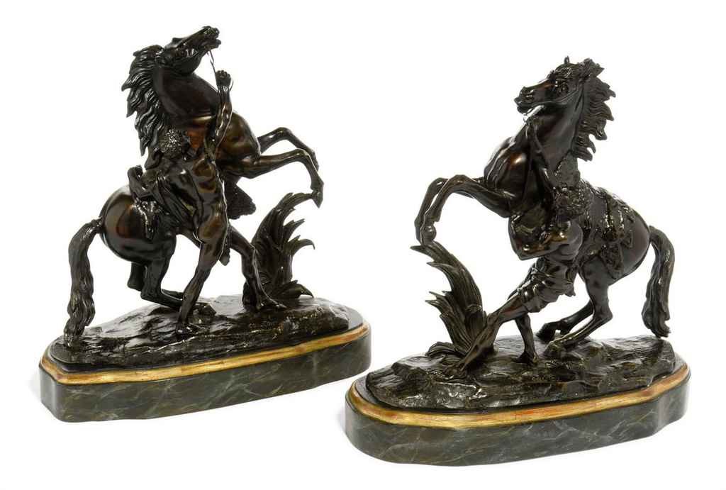 A PAIR OF FRENCH BRONZE MODELS OF THE MARLY HORSES