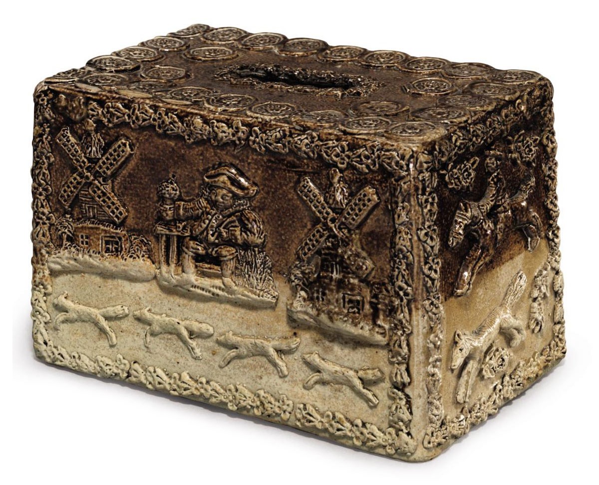 AN ENGLISH SALT-GLAZED STONEWARE RECTANGULAR MONEY-BOX