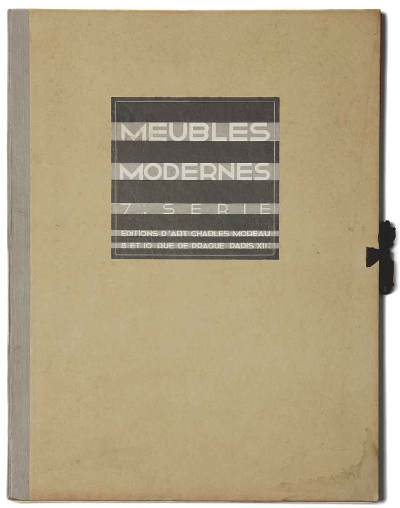Meubles modernes. 7me série. Paris: Éditions Charles Moreau, [vers 1930]. Portefeuille in-folio (440 x 320 mm). 24 planches en noir avec des reproductions de dessins de mobilier (pas de feuillet de table). Chemise de l'éditeur avec pièce de titre imprimée au plat supérieur (trace d'eau).