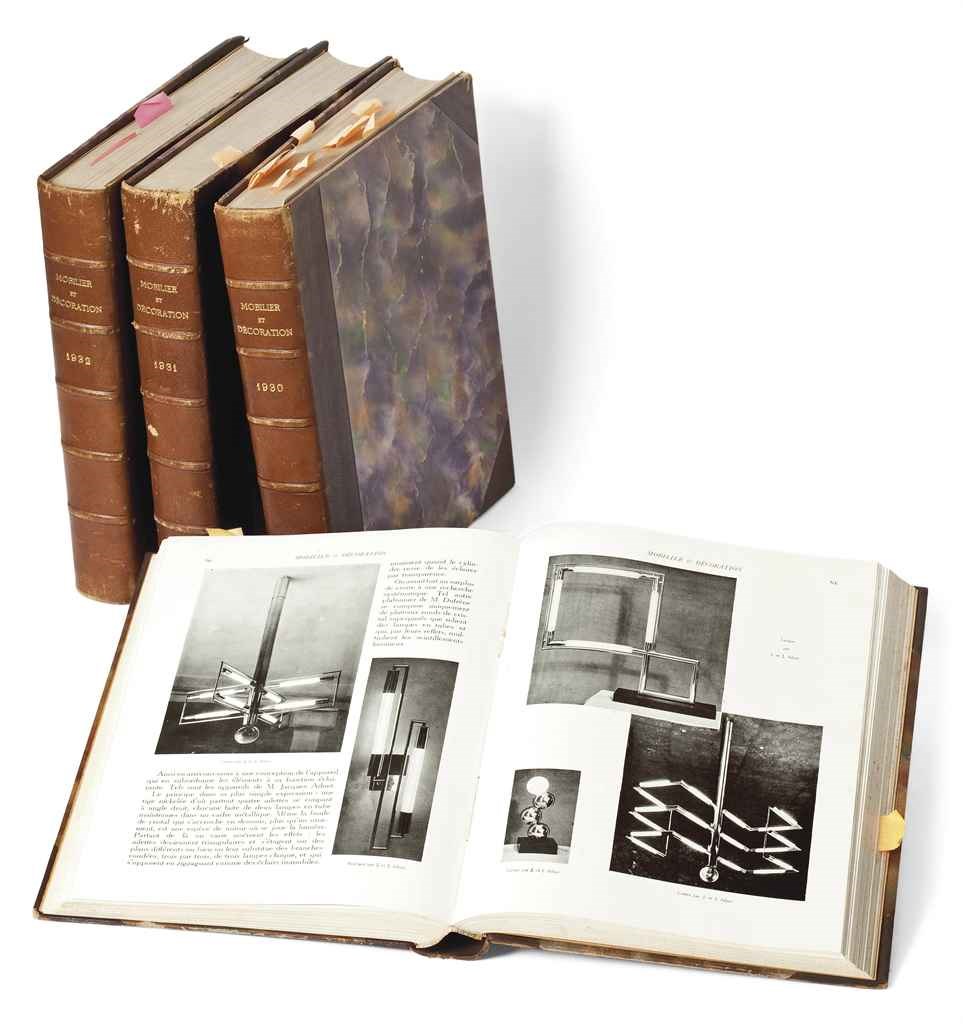 Mobilier et Décoration. 9e - 12e année. Sèvres: édition Edmond Honoré, 1929 - 1932. 4 volumes petit in-folio (305 x 233 mm). Très nombreuses illustrations en noir. (Quelques pages détachées.) Demi-chagrin marron à coins de l'époque, dos à nerfs (frotté). Reproductions d'oeuvres et constructions de Ruhlmann, Breuer, Le Corbusier, Dufrène, Djo-Bourgeois, Guévrékian, Prou, Prouvé, Pompon, Printz, Gropius, Le Chevallier et d'autres.	 (4)