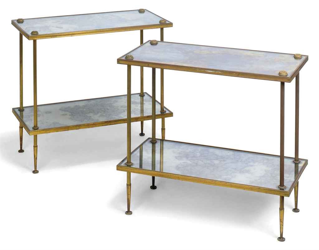 A PAIR OF MIRROR GLASS AND METAL-MOUNTED TWO-TIER OCCASIONAL TABLES