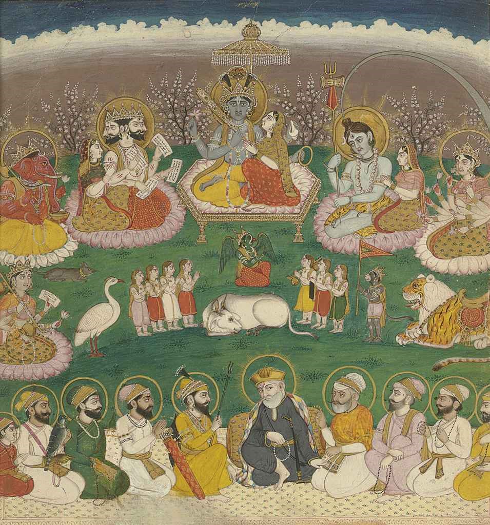 Eight Sikh gurus with Guru Nanak below Major Hindu Deities
