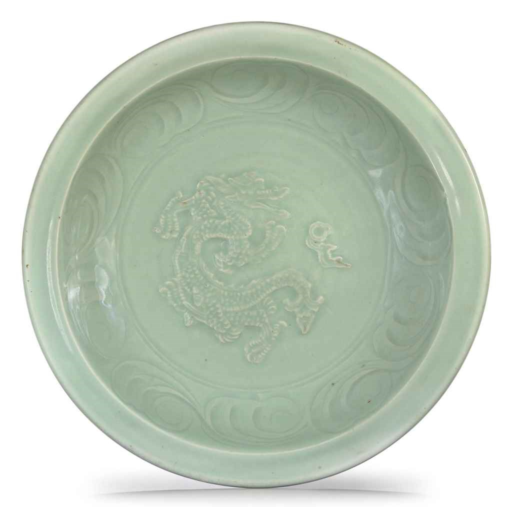 A LONGQUAN CELADON CARVED AND MOLDED 'DRAGON' DISH