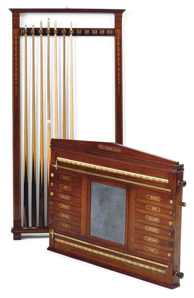 A LATE VICTORIAN MAHOGANY, BRASS AND SLATE MOUNTED BILLIARDS SCOREBOARD