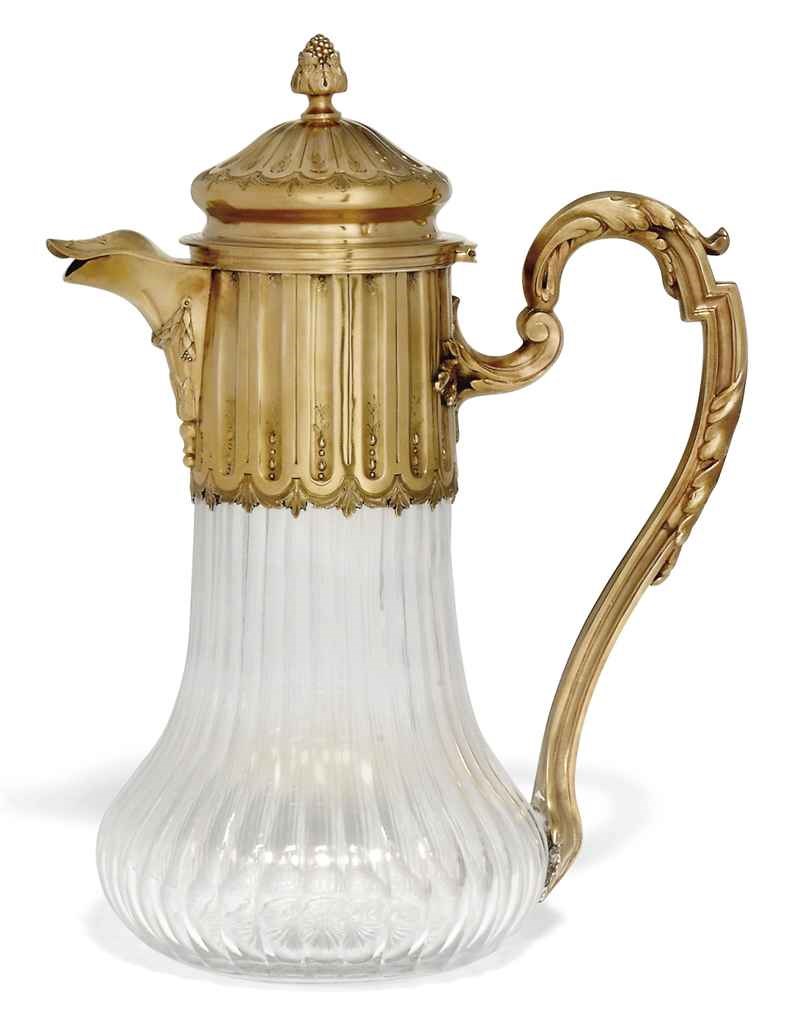 A FRENCH SILVER-GILT MOUNTED GLASS CLARET JUG