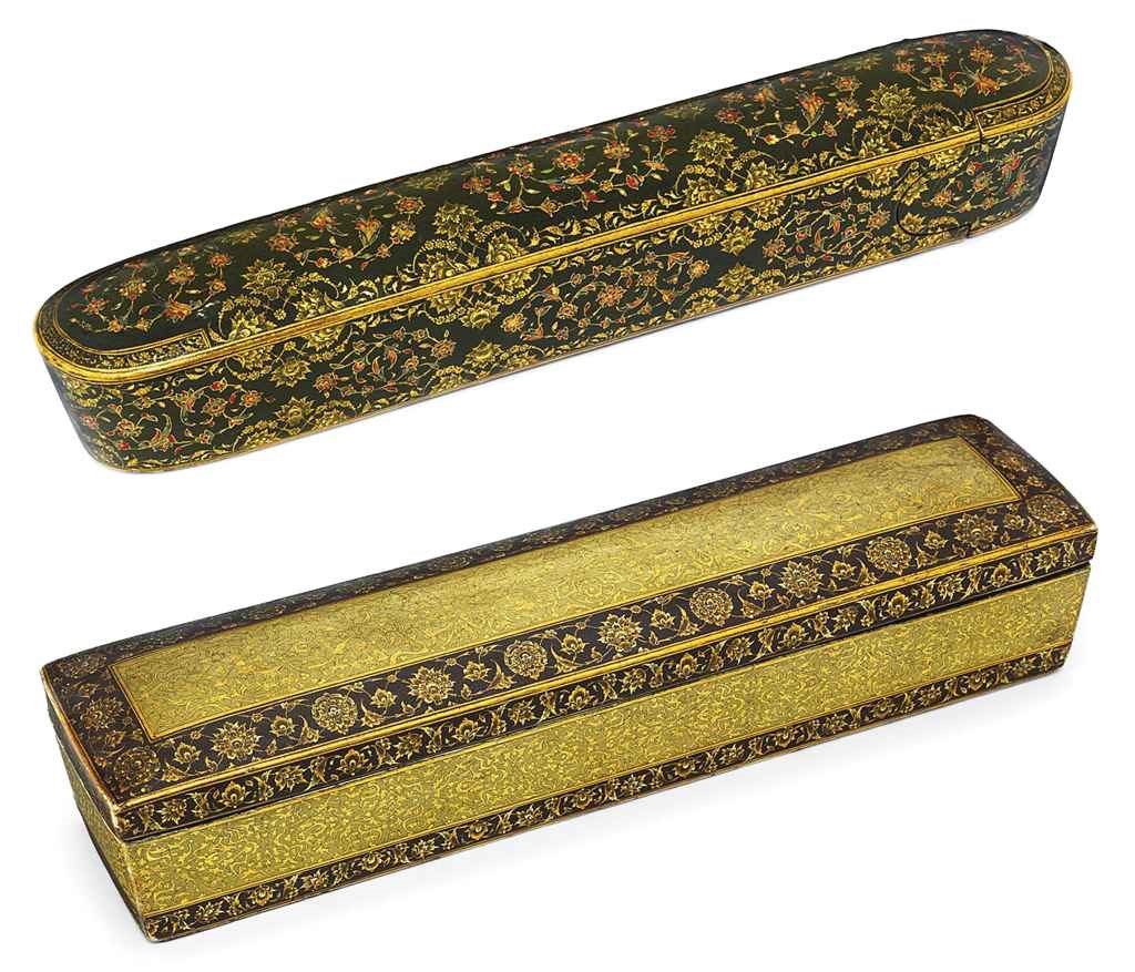 TWO QAJAR LACQUERED PAPEIR MACHÉ PENBOXES (QALAMDANS)