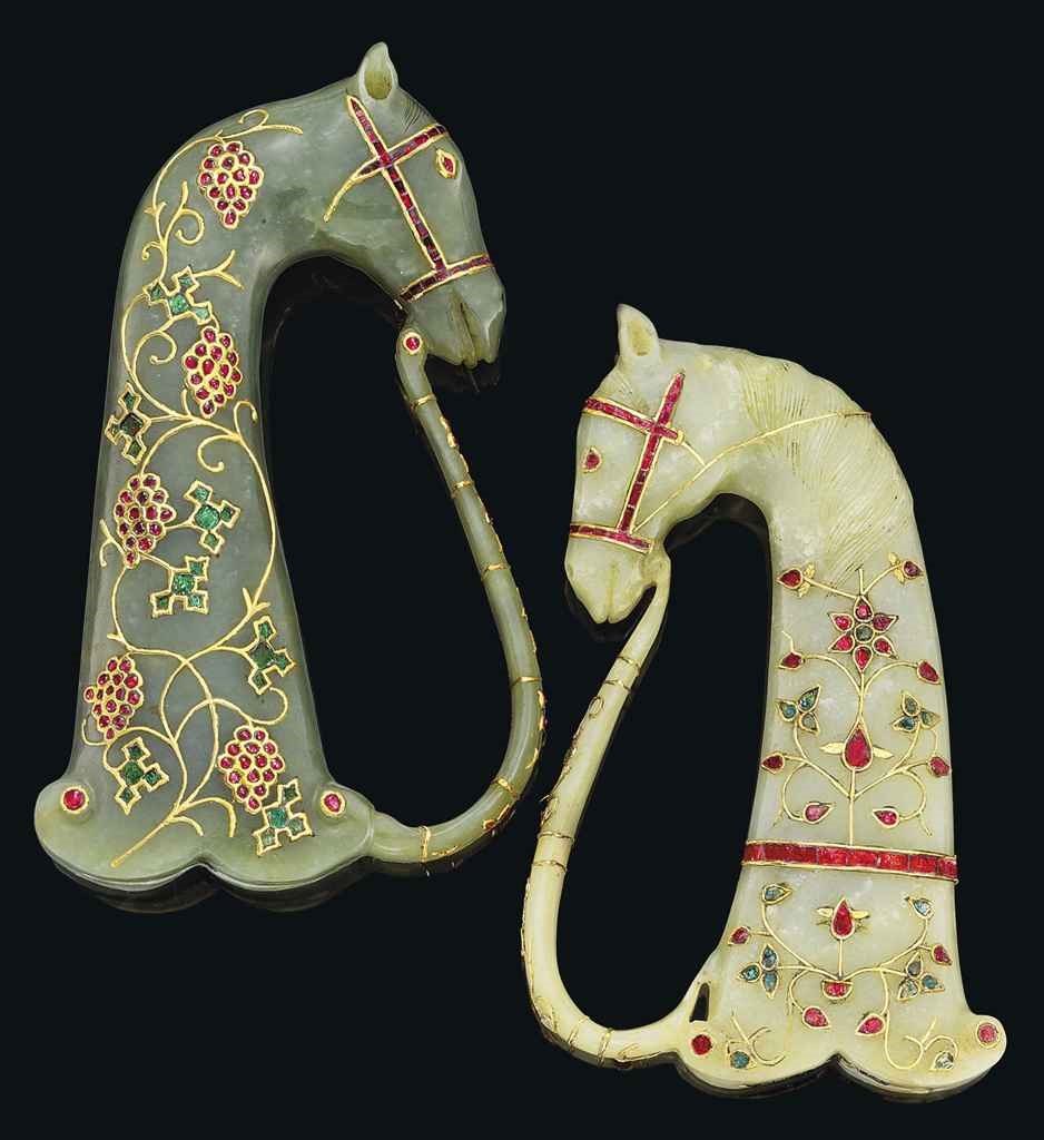 TWO INLAID JADE HORSE-HEAD HILTS