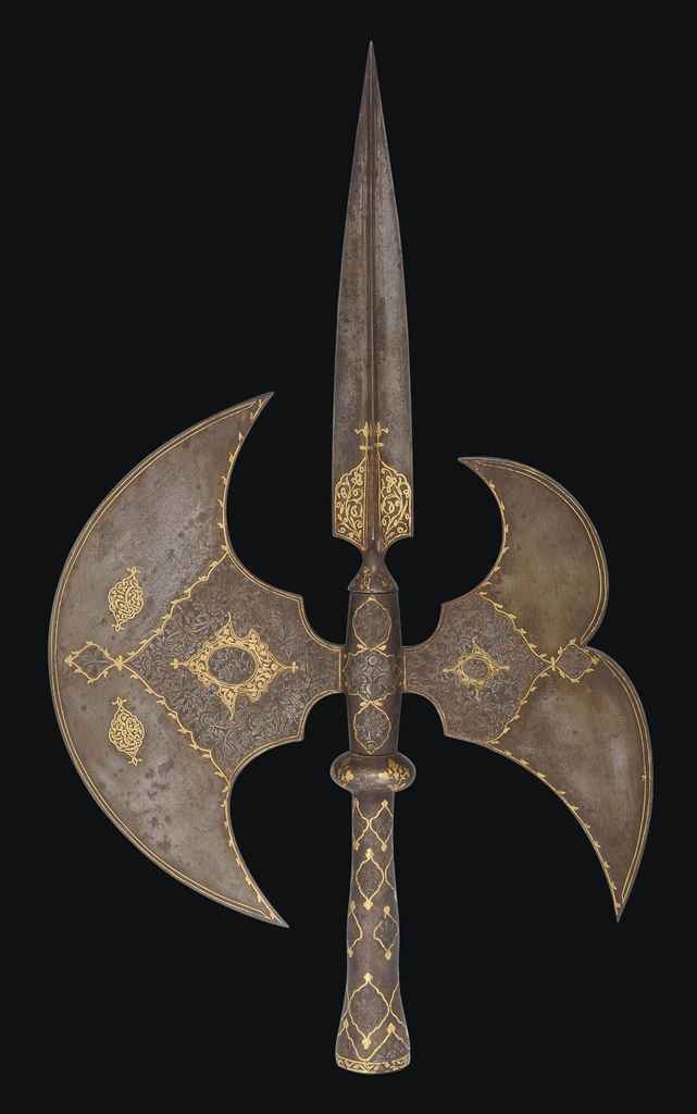 A LARGE GOLD-DAMASCENED CEREMONIAL DOUBLE-HEADED AXE (SAR-E TABAR)