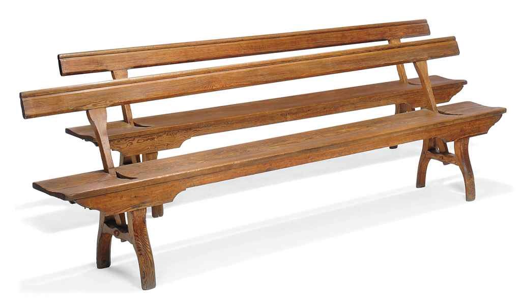 A PAIR OF LONG PITCHED PINE BENCHES