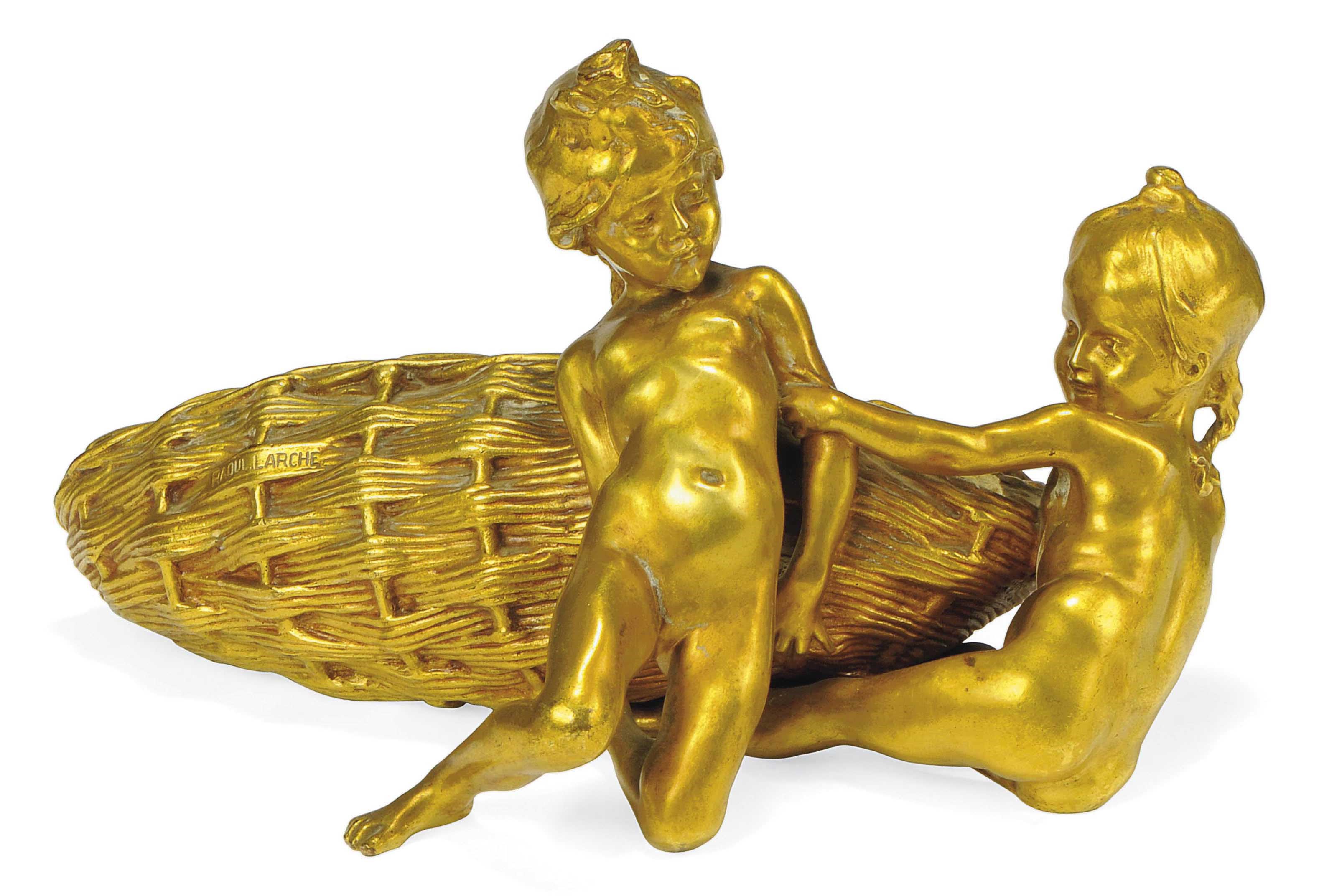 'VANETTE AUX DEUX FILLETTES' A GILT BRONZE GROUP BY RAOUL LARCHE
