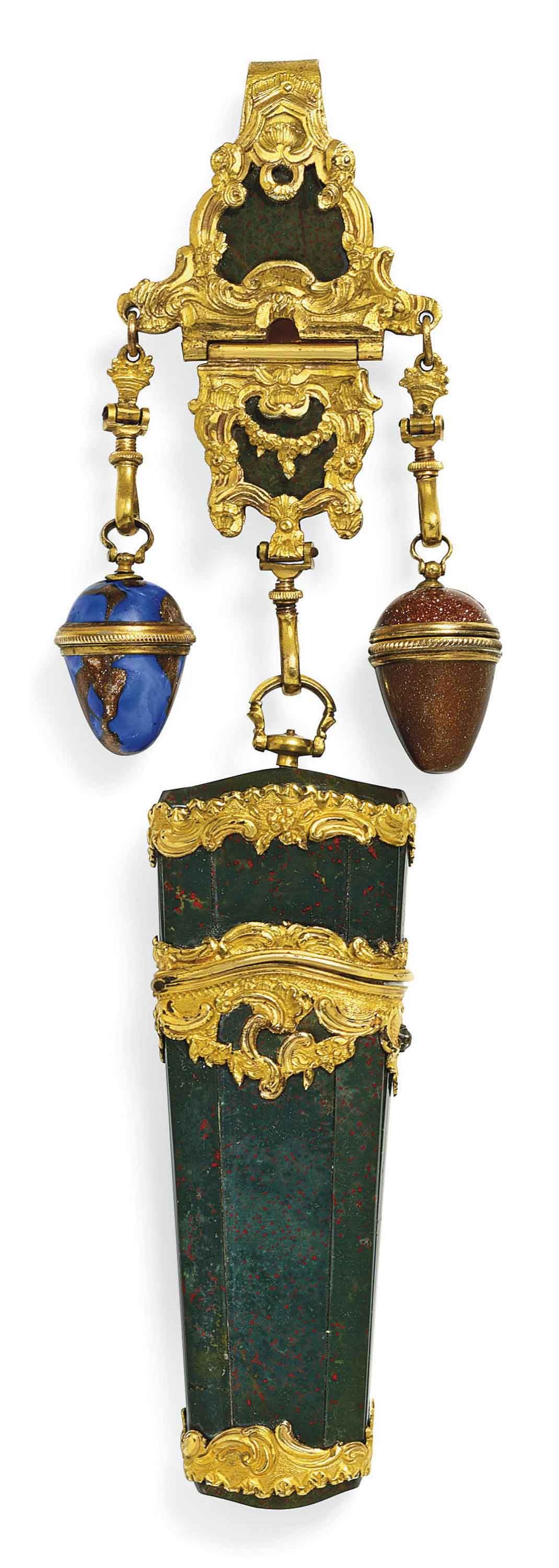 A GEORGE III GILT-METAL MOUNTED HARDSTONE CHATELAINE WITH NECESSAIRE