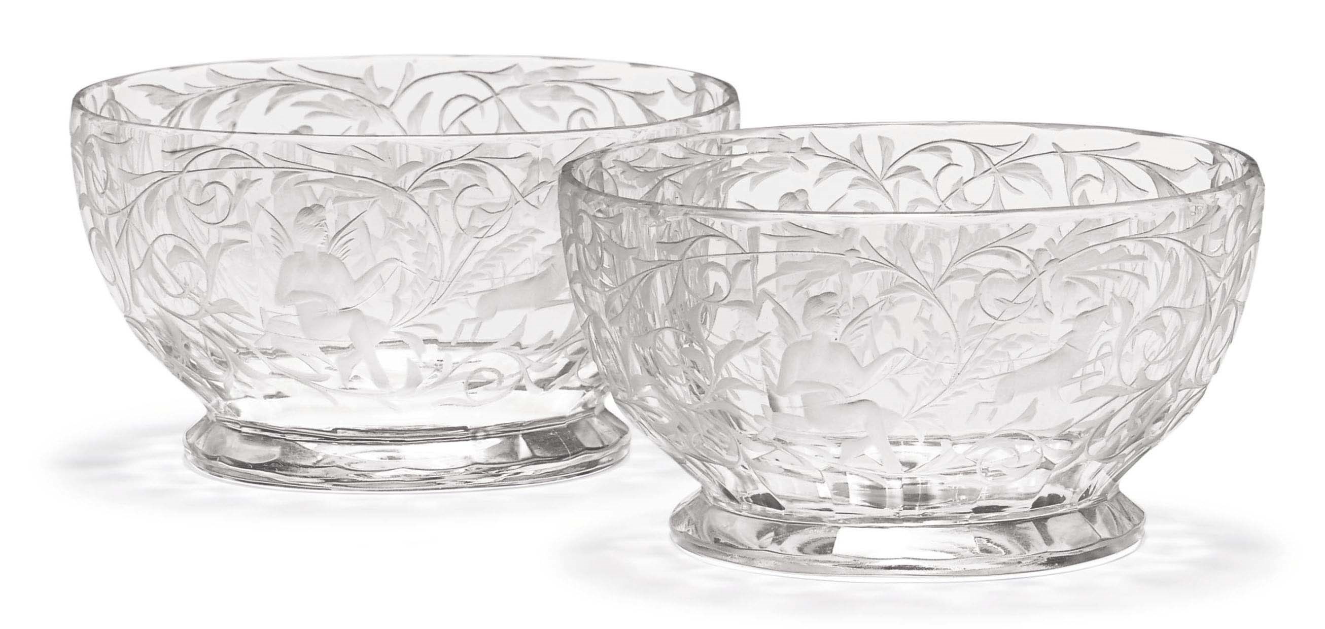 A PAIR OF LOBMEYR-TYPE ENGRAVED-GLASS FLUTED OVAL FOOTED BOWLS