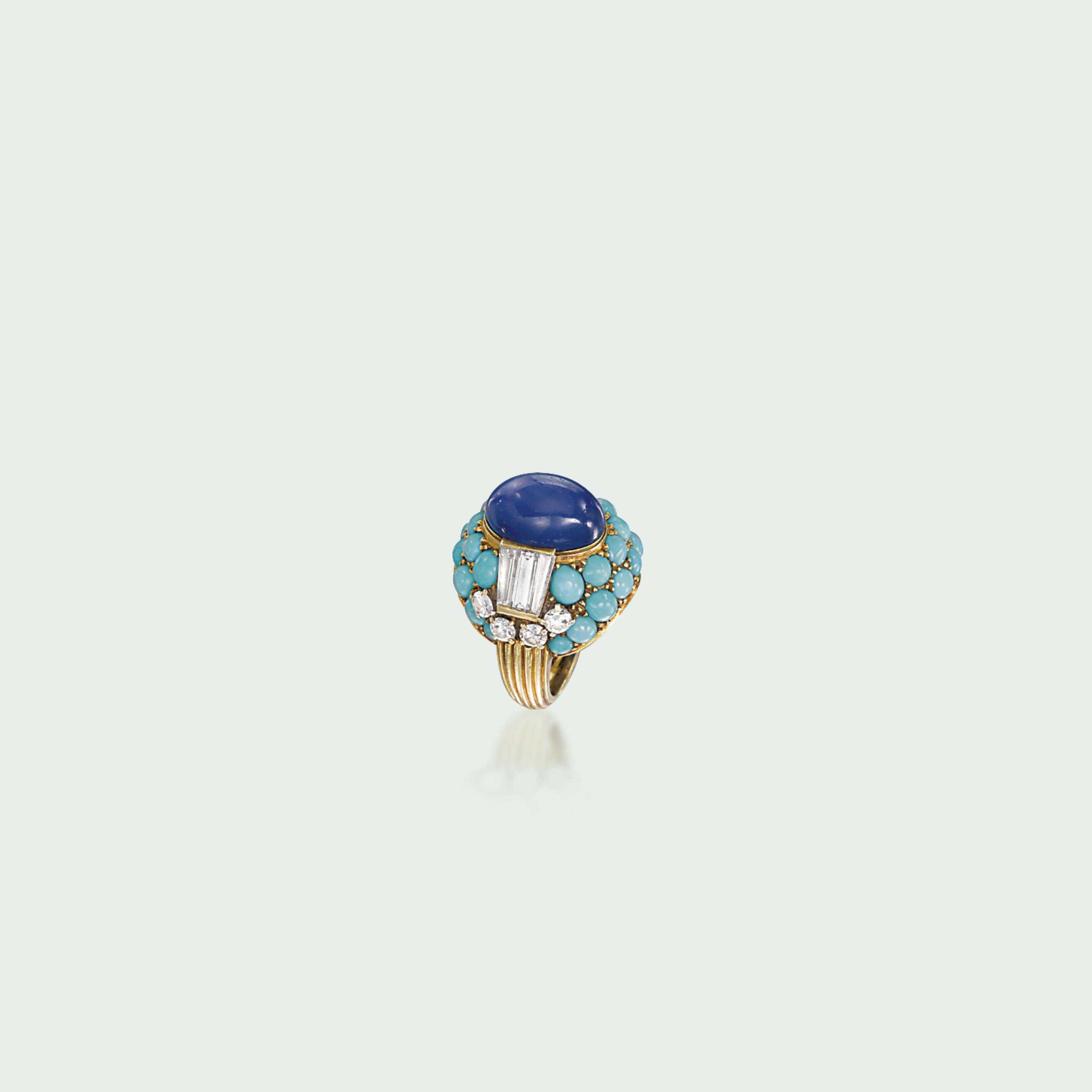 A STAR SAPPHIRE, TURQUOISE AND DIAMOND COCKTAIL RING, BY CARTIER