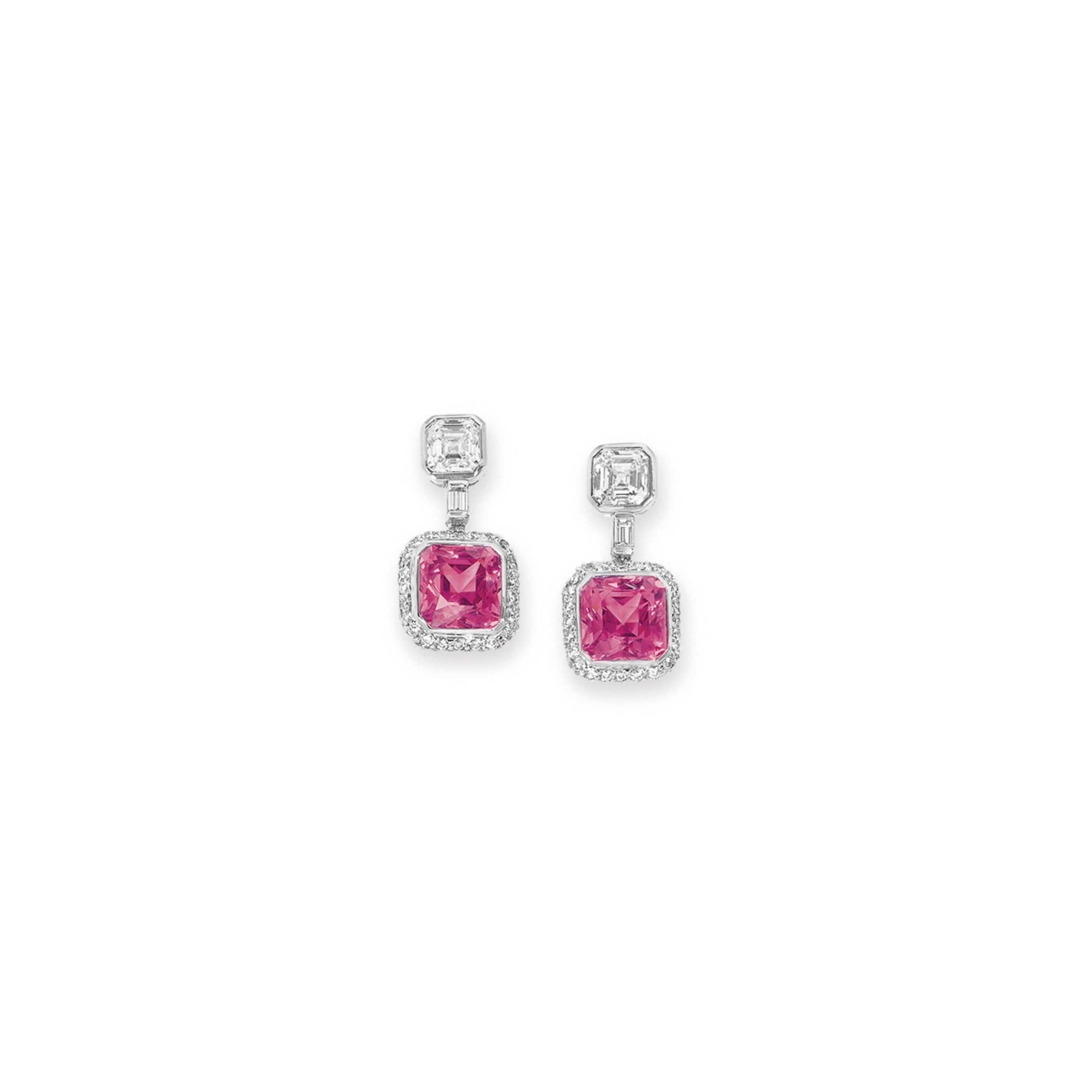A PAIR OF PINK SPINEL AND DIAMOND EAR PENDANTS