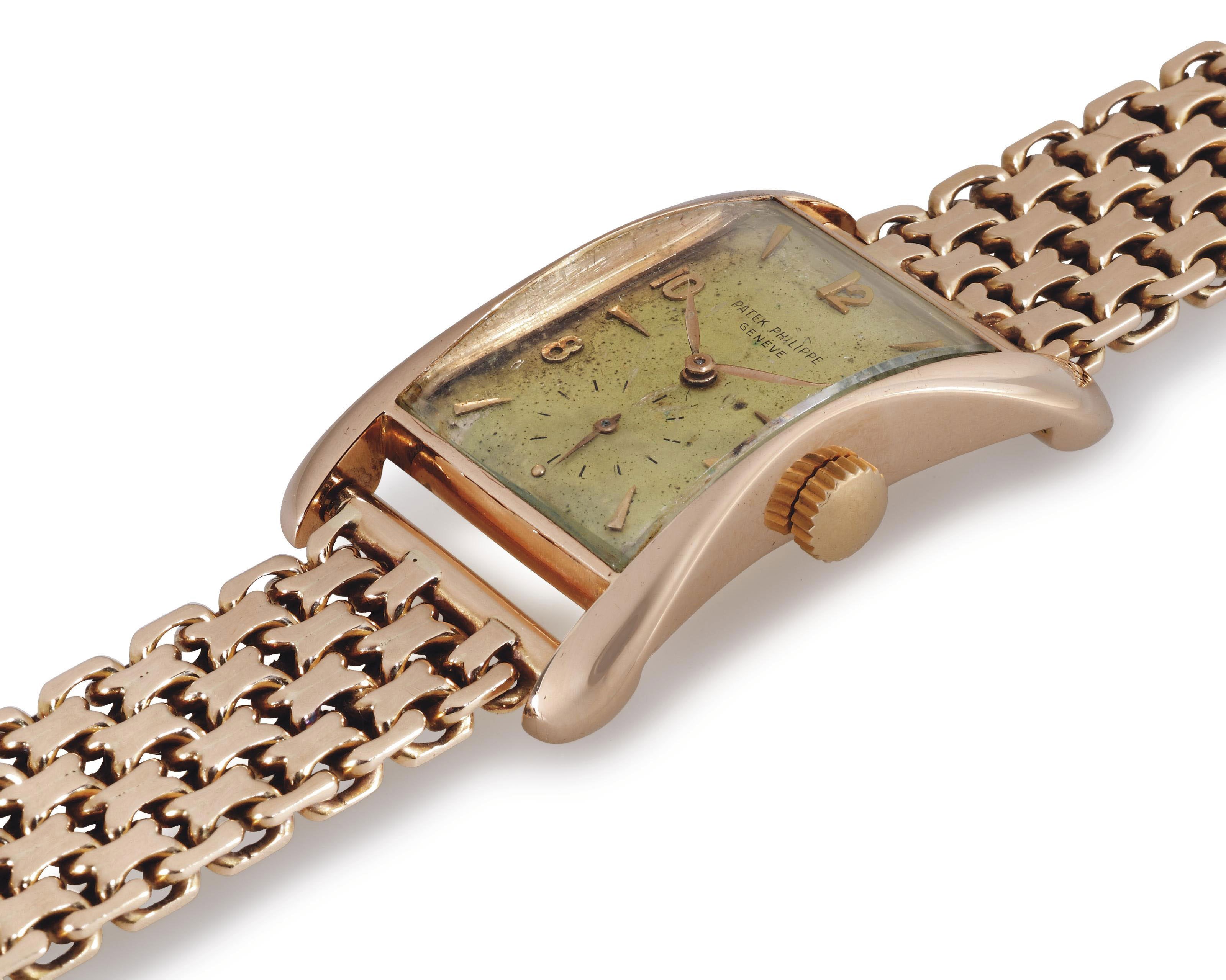 PATEK PHILIPPE. A FINE AND RARE 18K PINK GOLD RECTANGULAR WRISTWATCH WITH FLARED SIDES