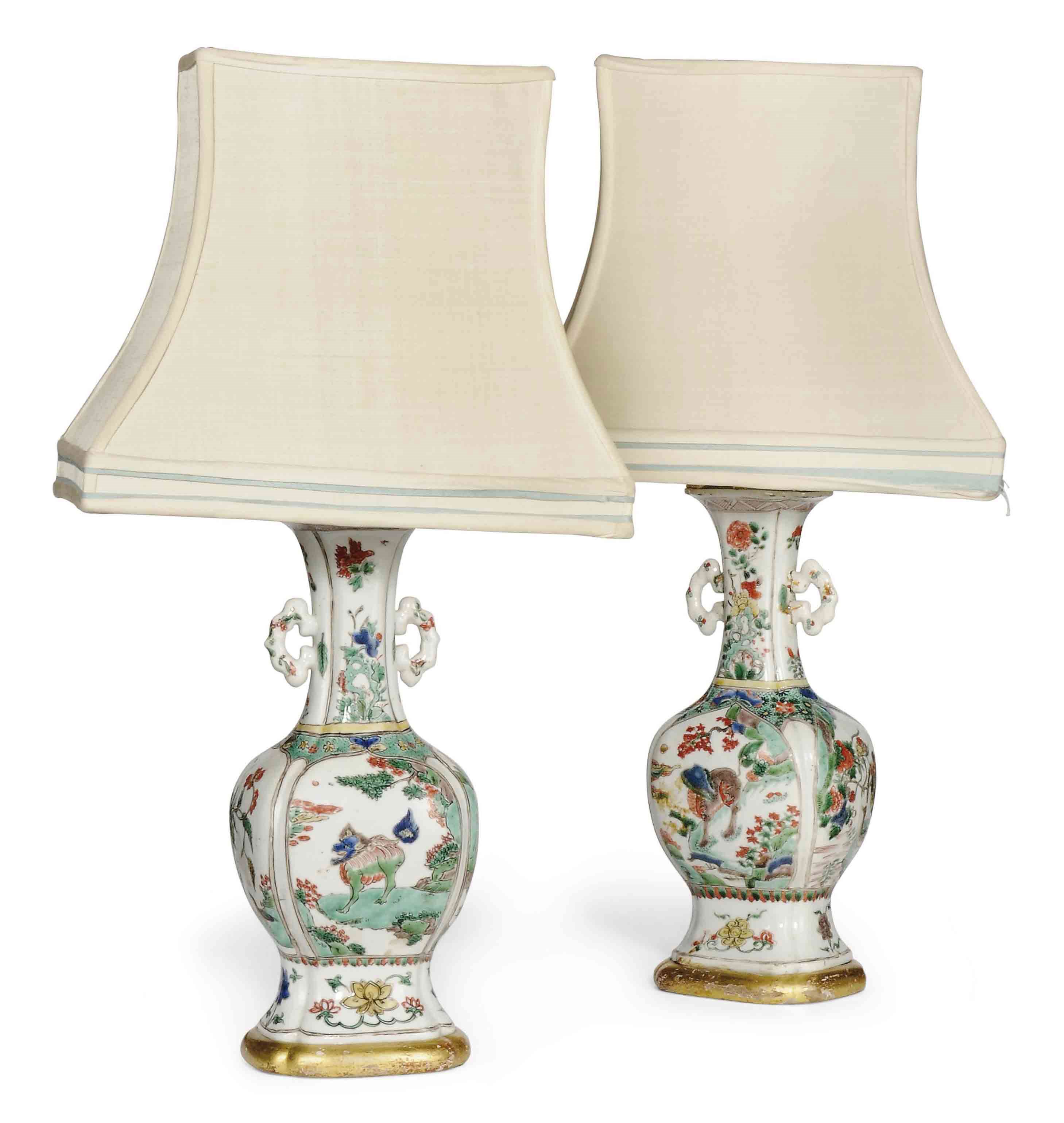 A PAIR OF CHINESE FAMILLE VERTE BALUSTER VASES, LAMPED