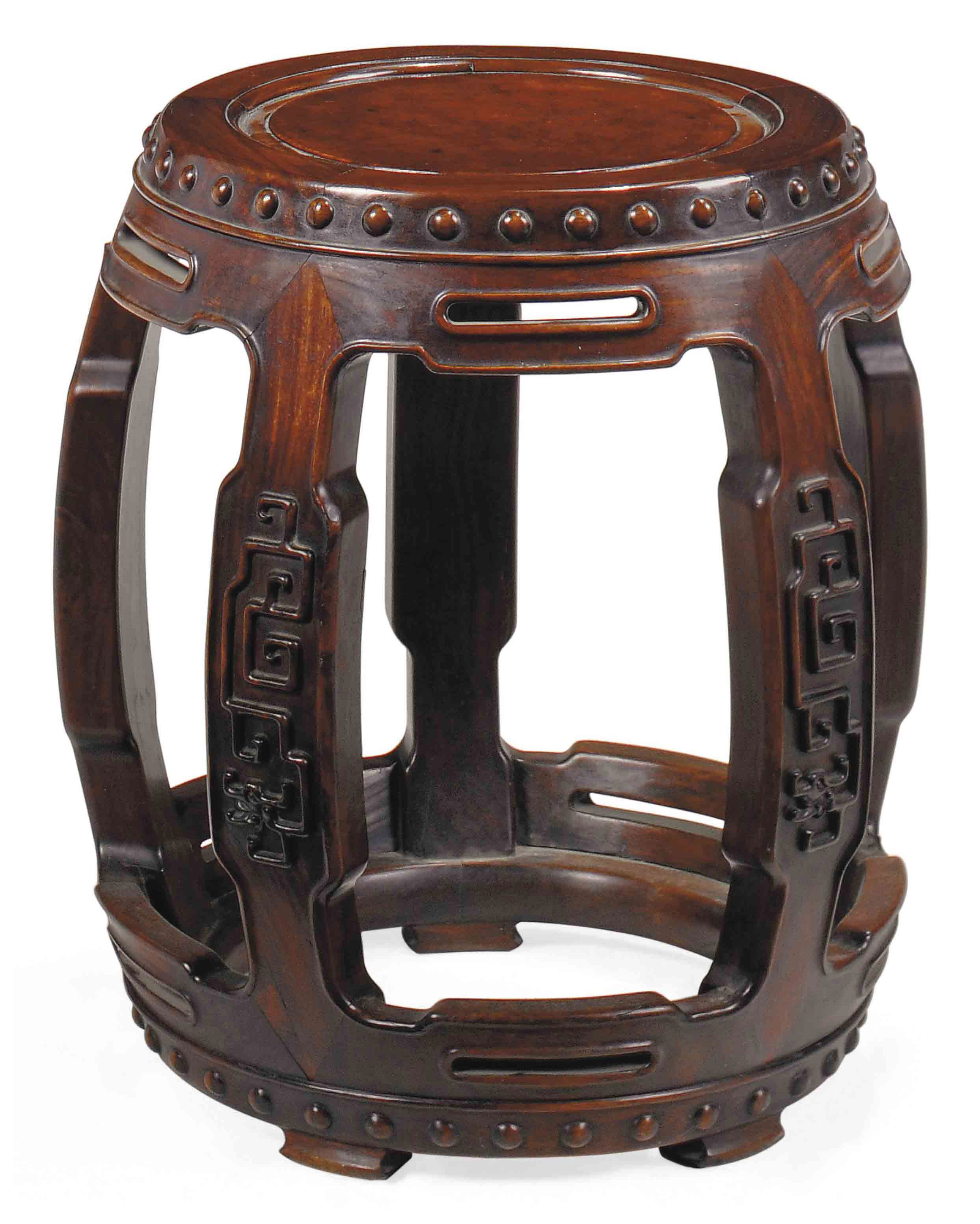 A CHINESE ROSEWOOD AND AMBOYNA STOOL URN STAND