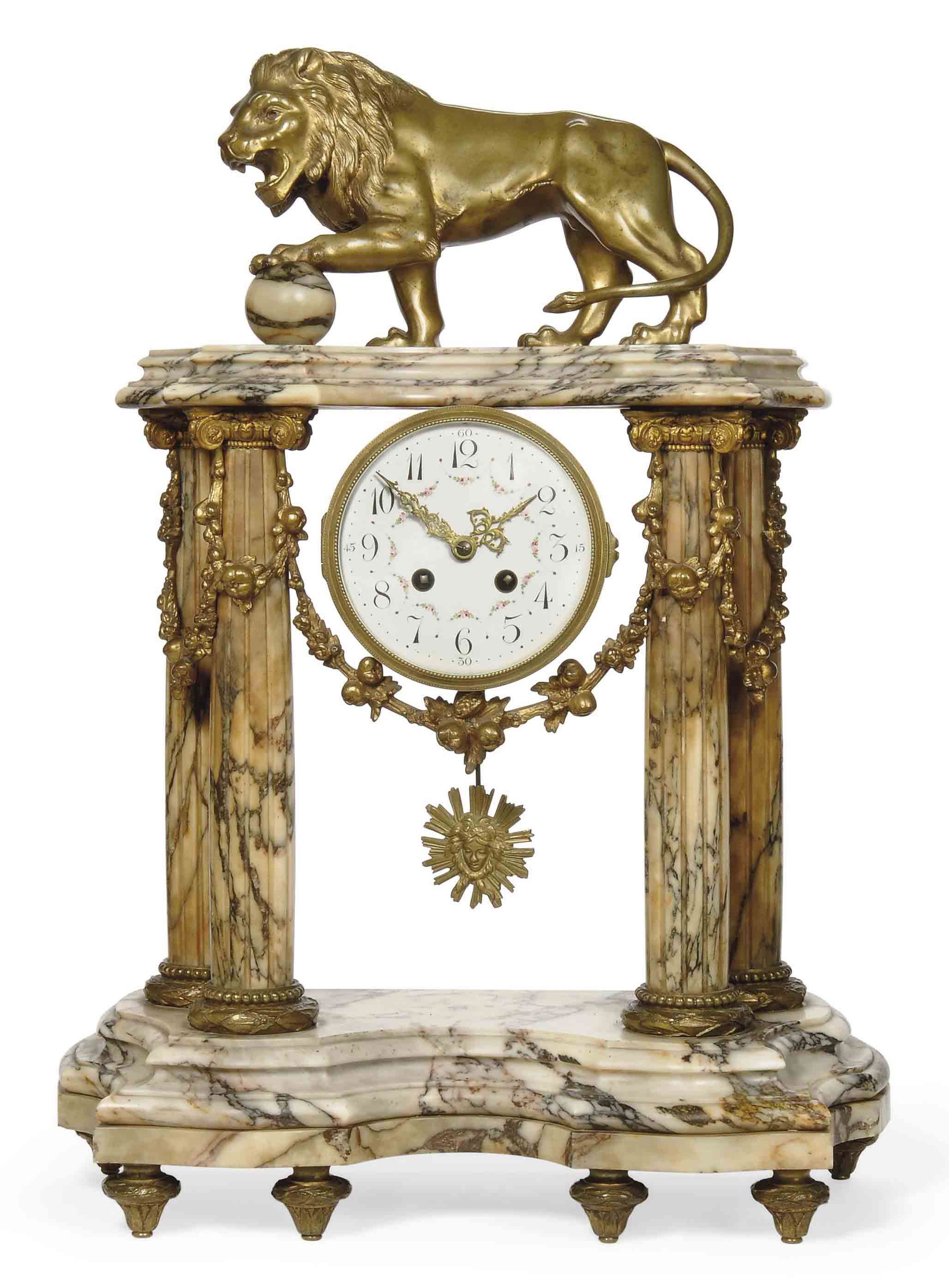 A FRENCH BRONXE-MOUNTED MARBLE STRIKING PORTICO CLOCK