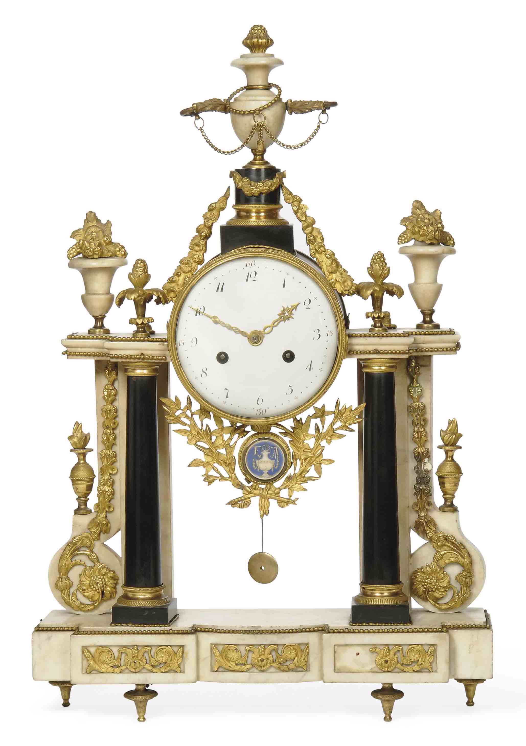 A LOUIS XVI ORMOLU-MOUNTED MARBLE STRIKING PORTICO MANTEL CLOCK