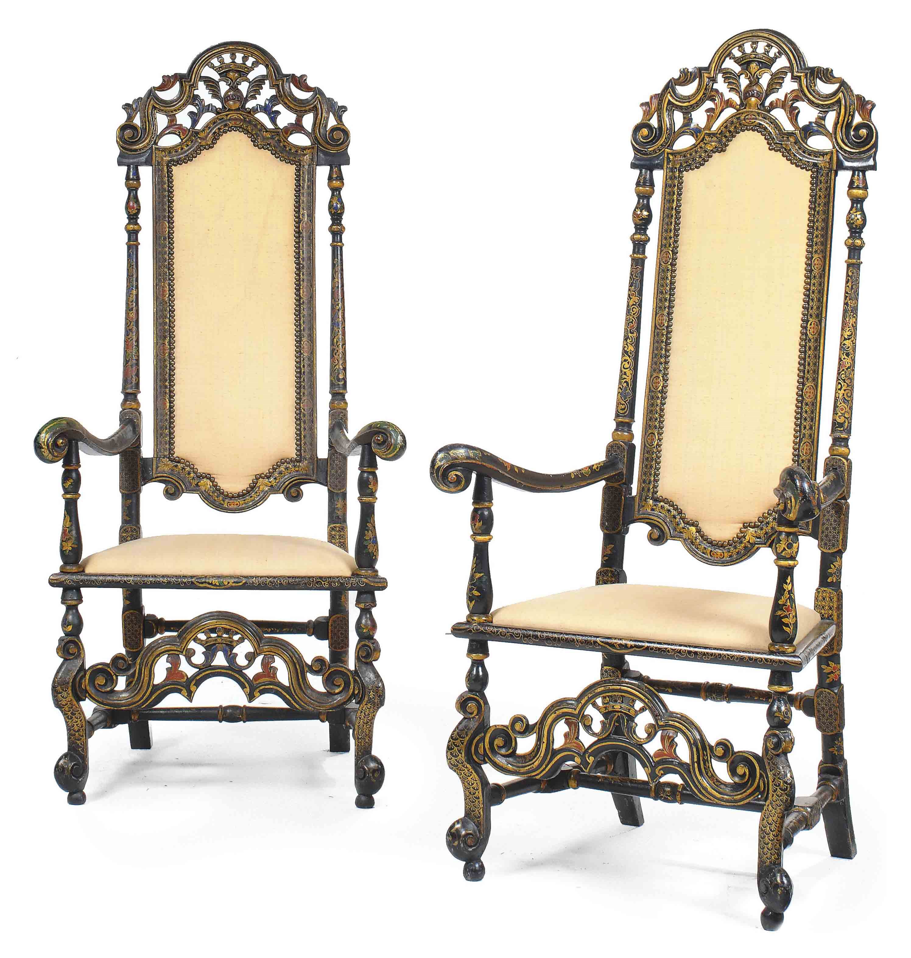 A PAIR OF POLYCHROME AND GILT JAPANNED ARMCHAIRS