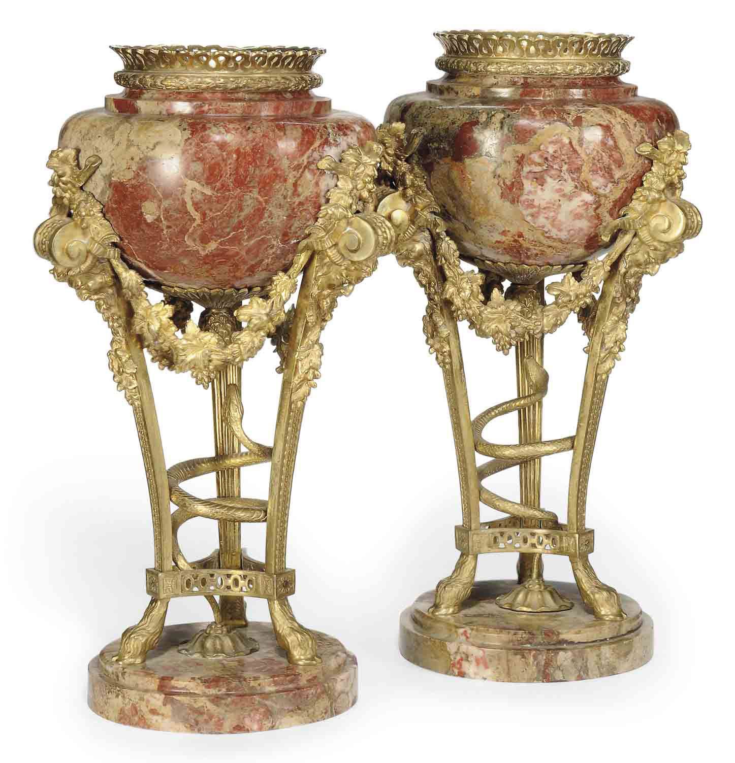 A PAIR OF FRENCH GILT-BRONZE MOUNTED MARBLE CASSOLETTES