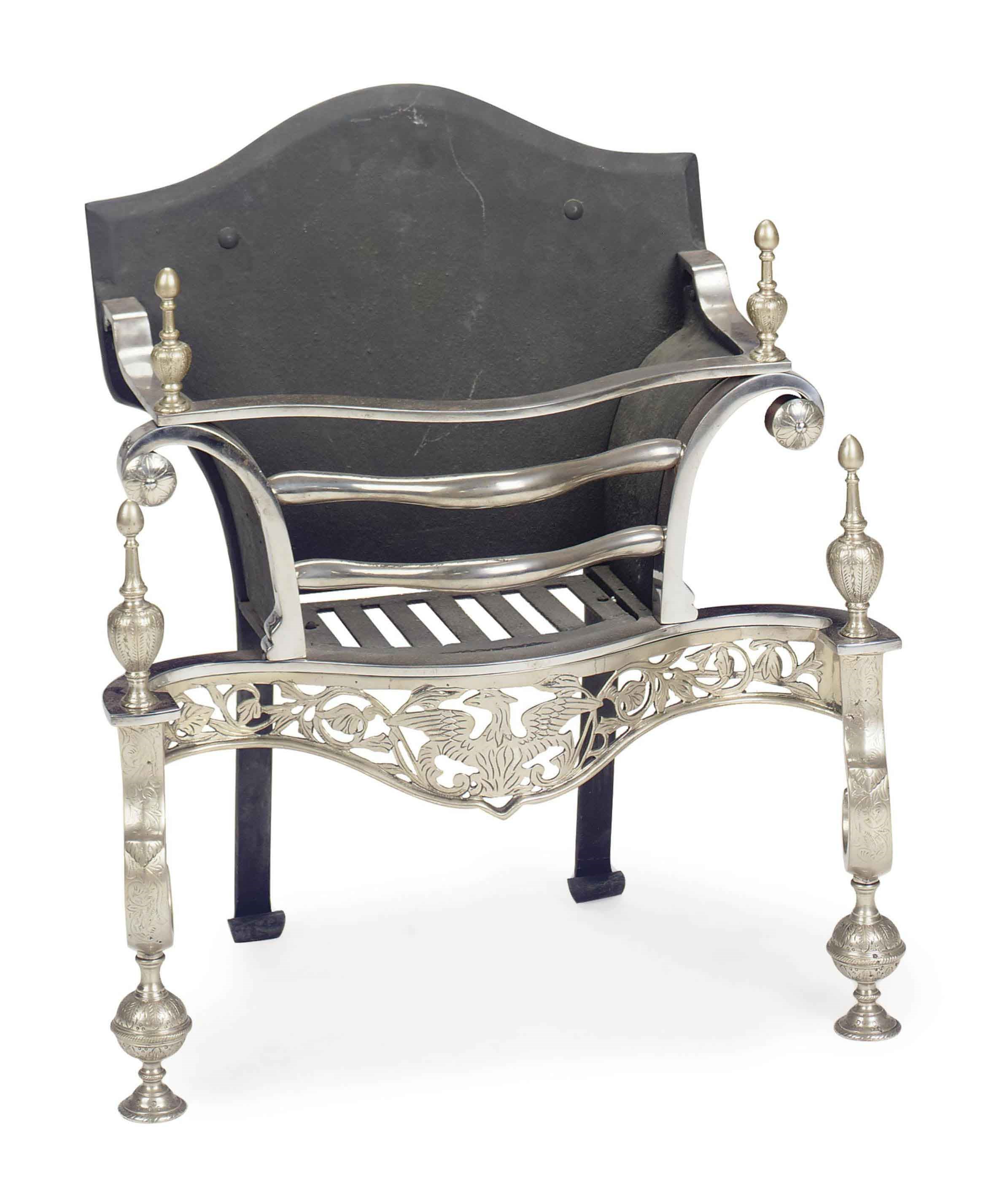 AN ENGLISH NICKEL-PLATED FIREPLACE BASKET GRATE,
