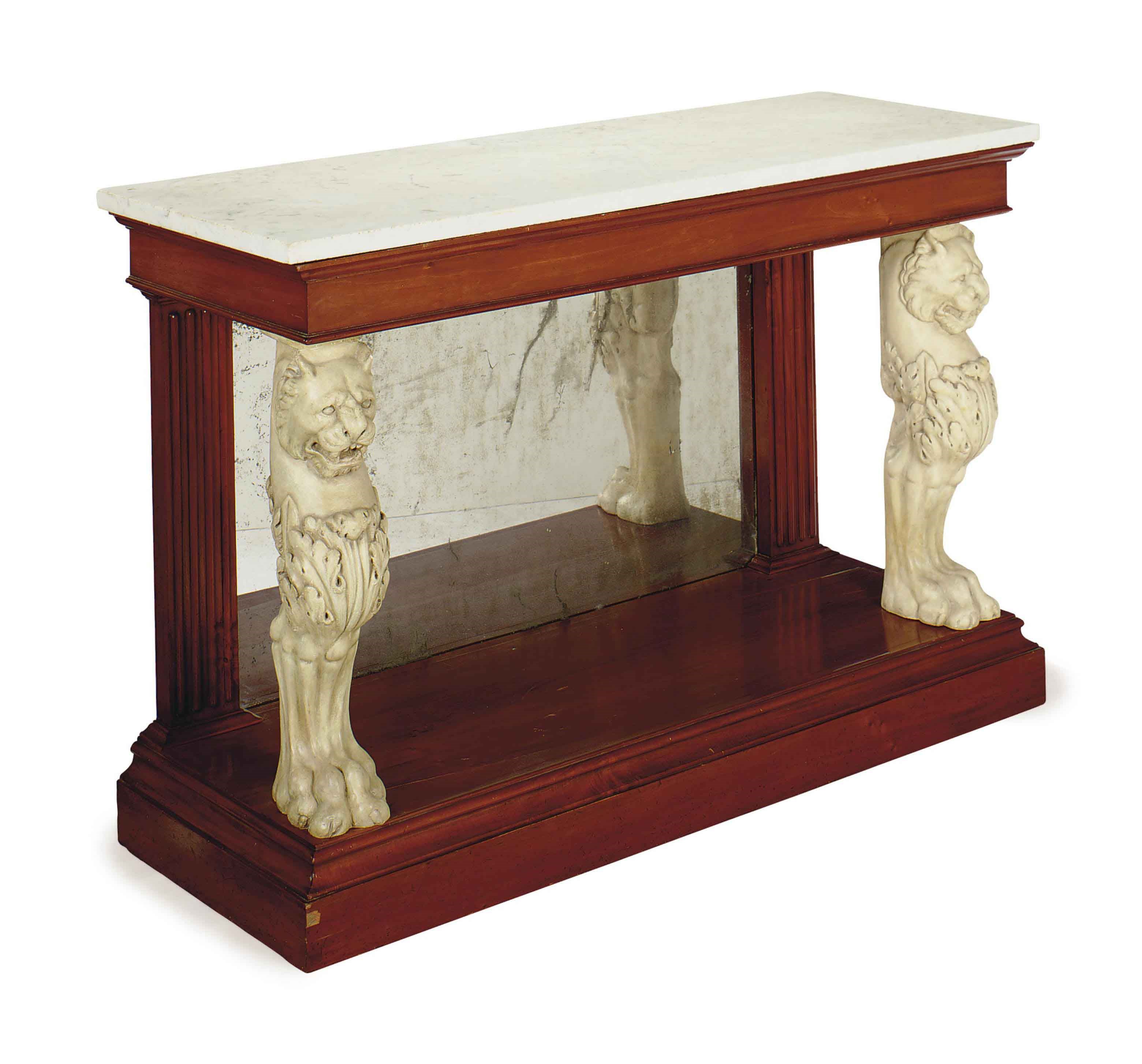 A RESTAURATION MAHOGANY, CAST COMPOSITION AND MARBLE-TOP CONSOLE TABLE,