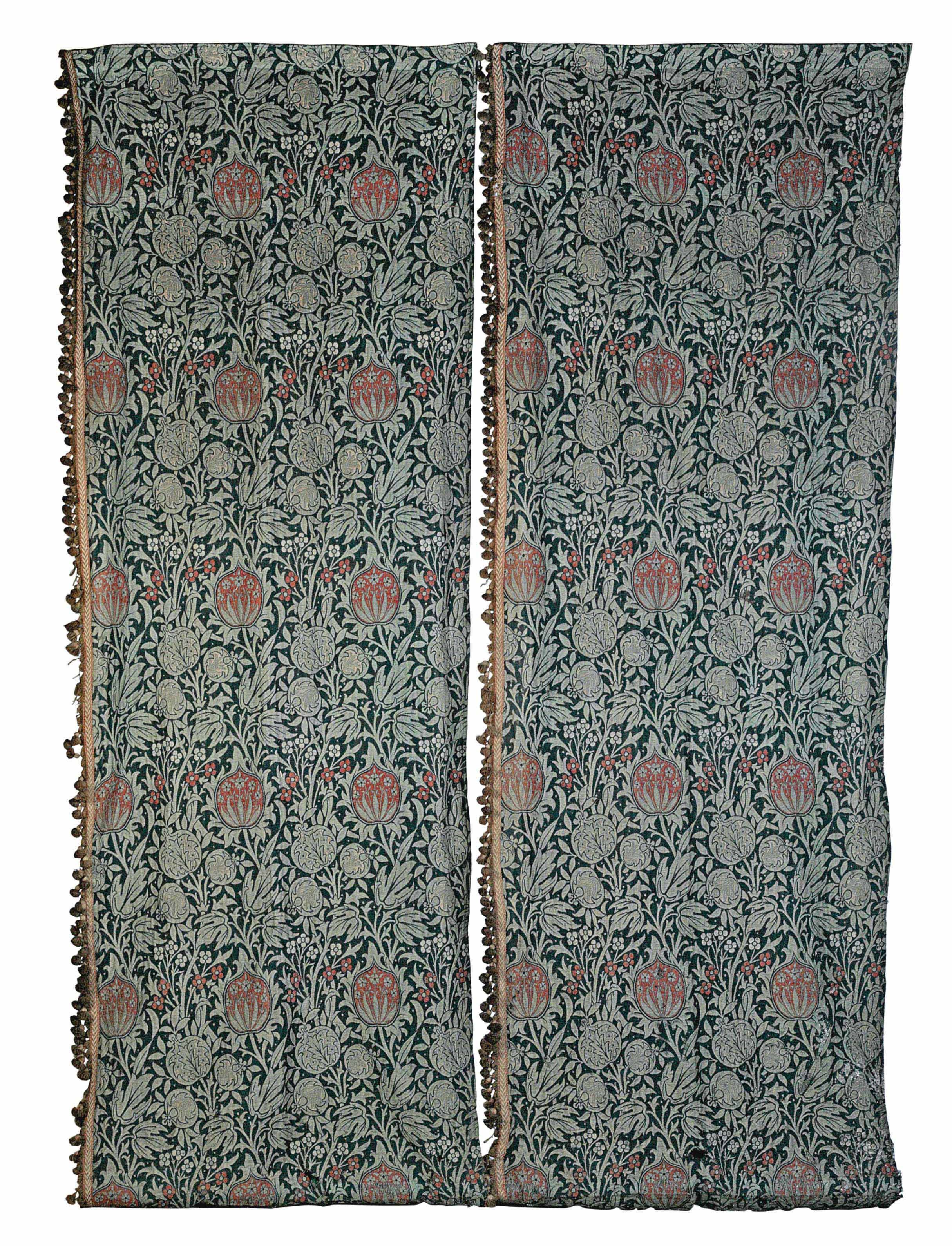 A PAIR OF WOOL CURTAINS AND A CURTAIN PANEL