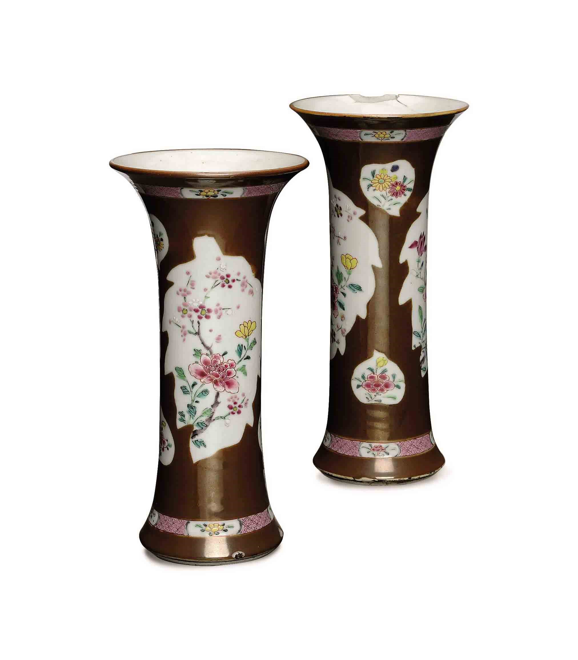 A PAIR OF CHINESE FAMILLE ROSE-DECORATED CAFE AU LAIT-GROUND BEAKER VASES,