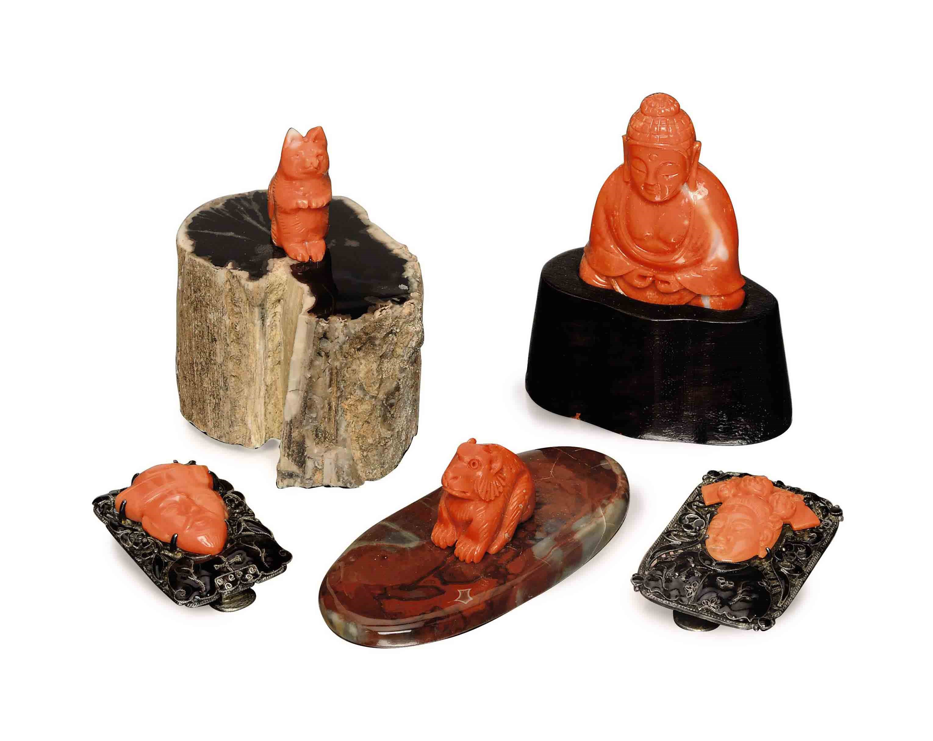 A GROUP OF CHINESE CORAL CARVINGS,