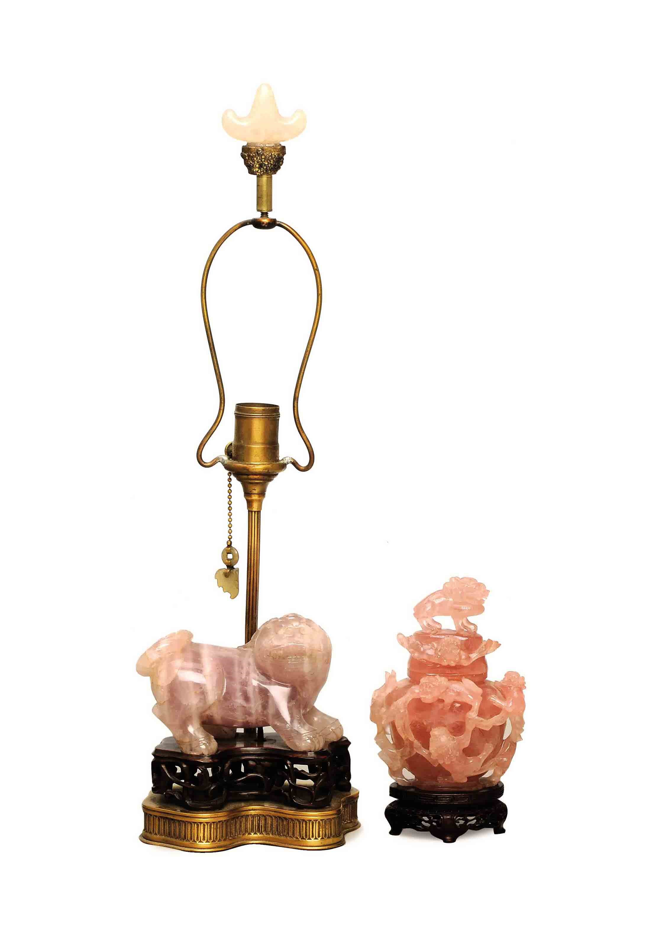 A CHINESE CARVED ROSE QUARTZ VASE AND COVER, AND A BUDDHISTIC LION MOUNTED AS A LAMP,