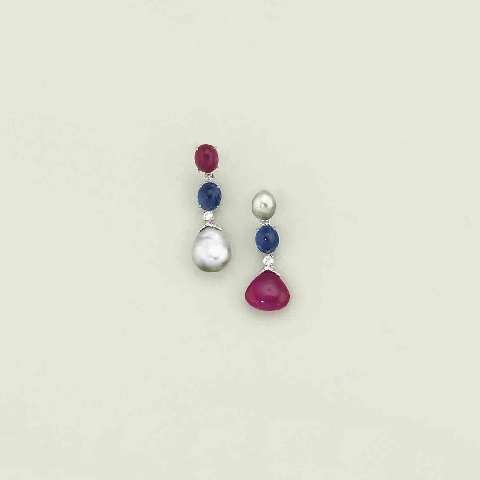 A pair of sapphire ruby, diamond and cultured pearl earpendants