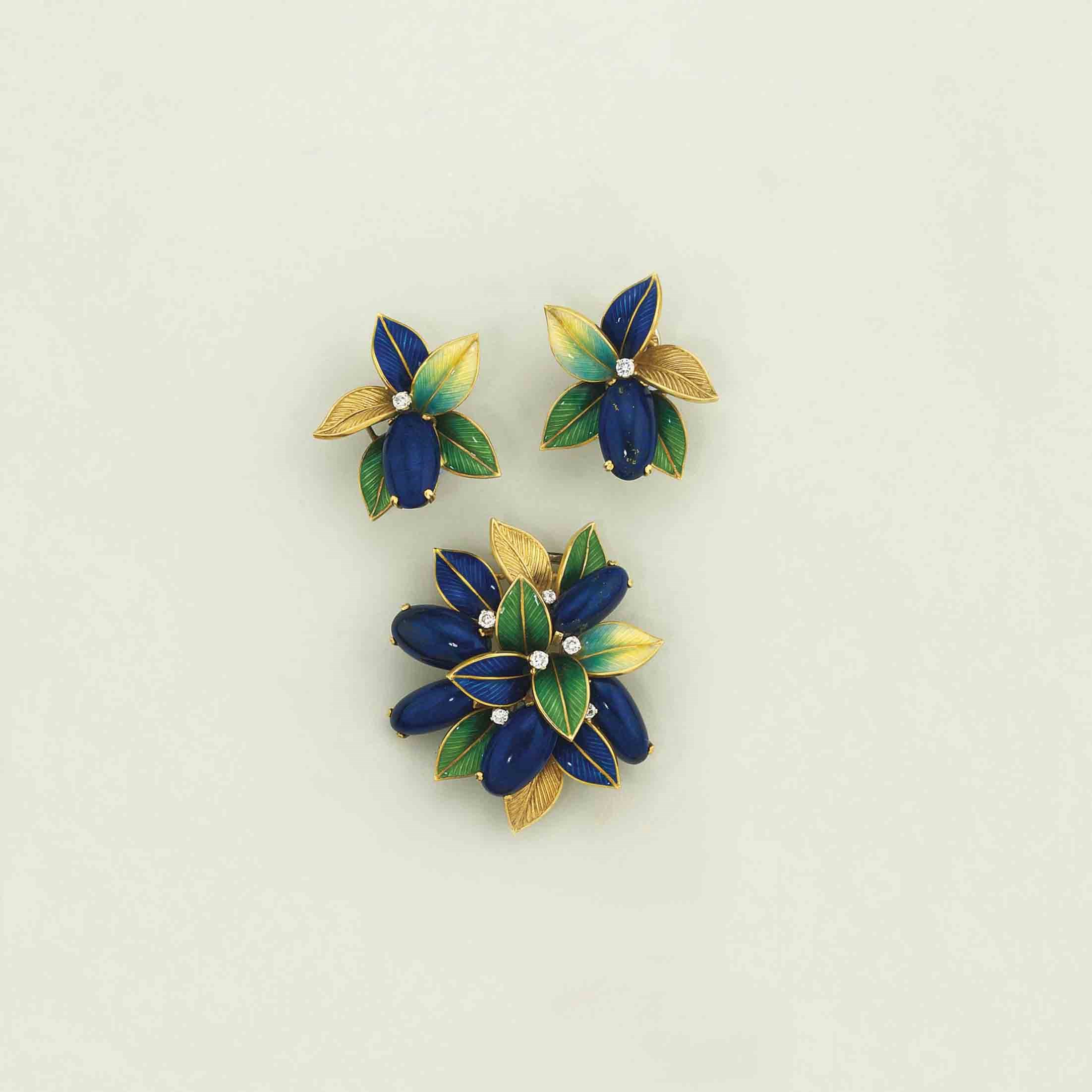 An enamel and diamond earring and brooch suite