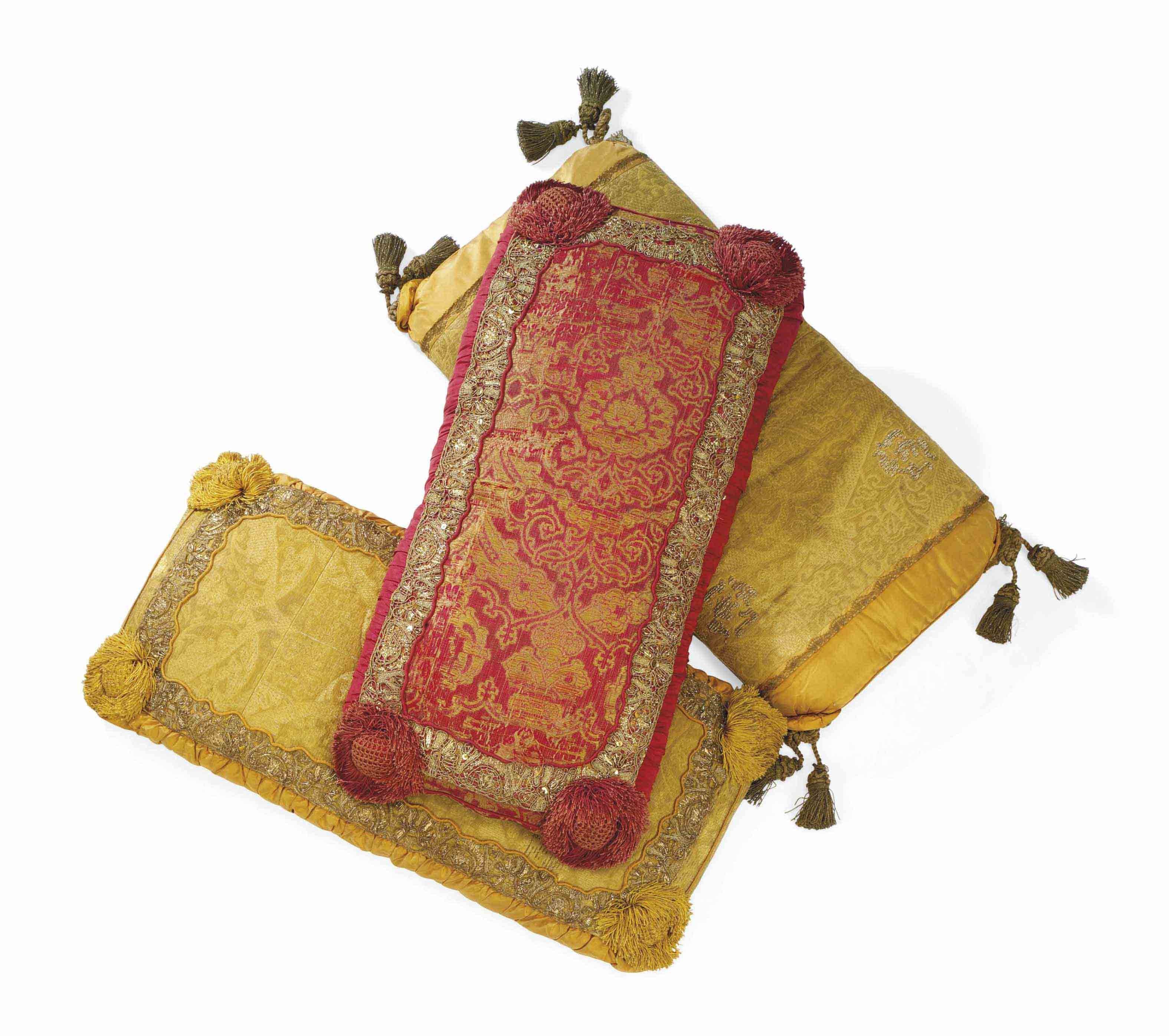 THREE RECTANGULAR SILK DAMASK AND METAL-THREAD CUSHIONS